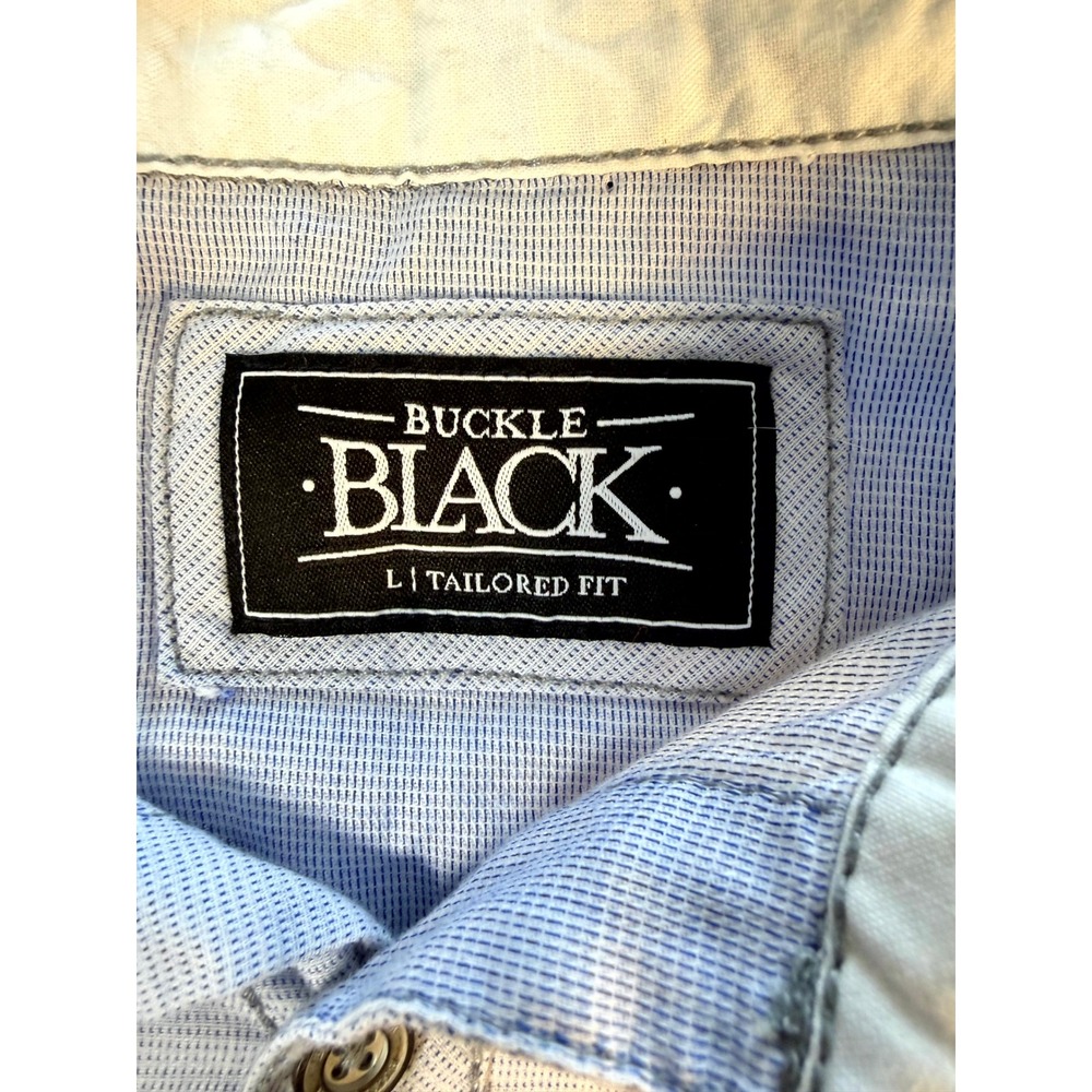 BUCKLE BLACK Tailored Fit Long Sleeve Shirt Mens Large Blue Pinstripe‎ Casual - Picture 8 of 11
